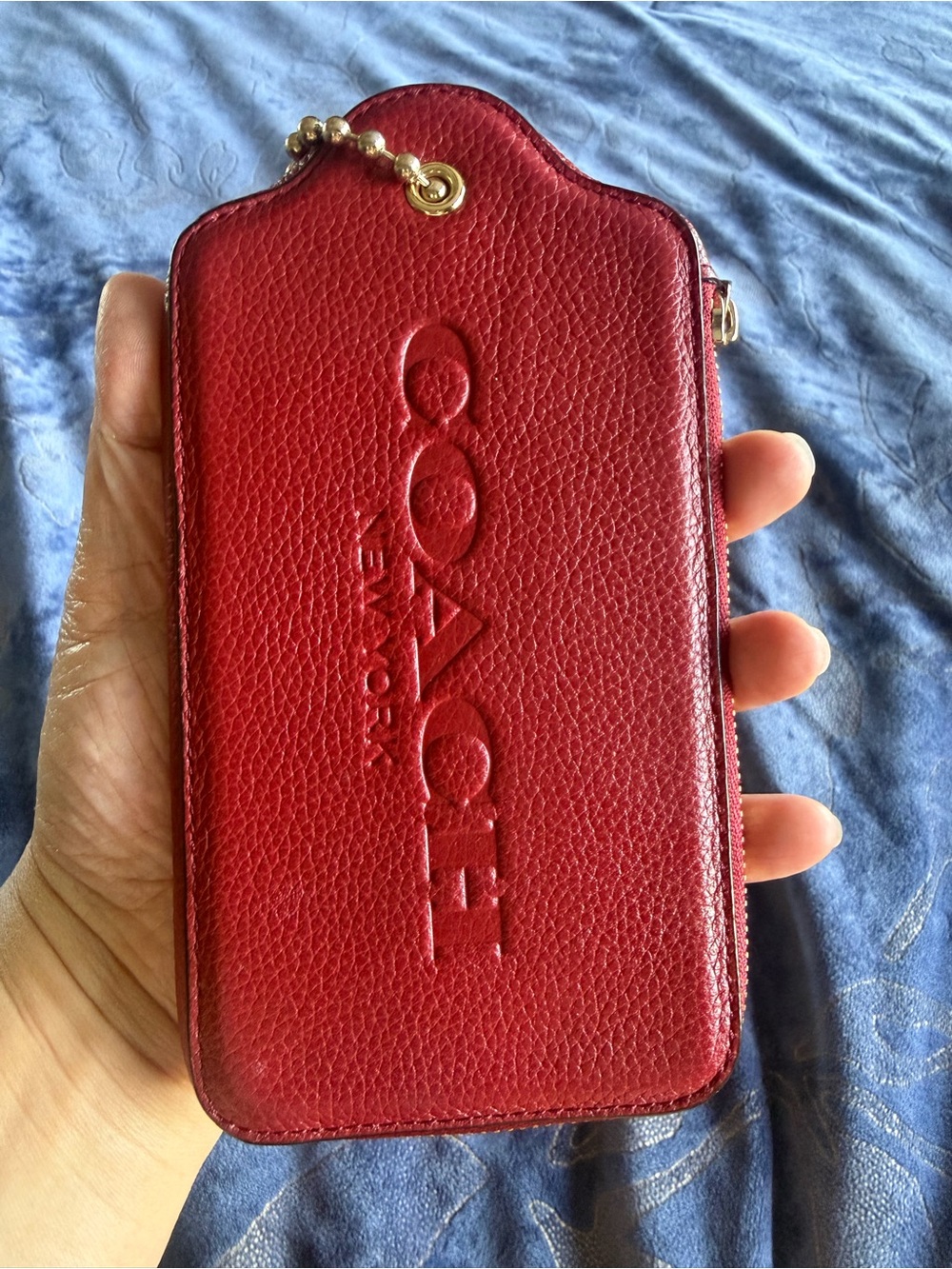 Coach Red Pebbled Leather Chain Wristlet Pouch with Gold Accents - Picture 11 of 16
